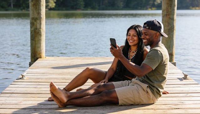 Smiling couple sitting on wooden dock by lake using smartphone, enjoying summer leisure