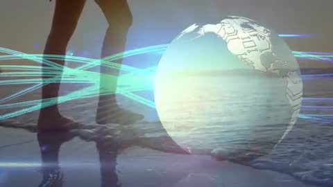 Backlit Figure Walking with Tech Globe Overlay