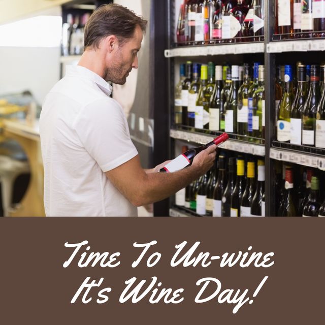 Caucasian man choosing a wine bottle from a selection in a wine aisle, celebrating Wine Day. Perfect for retail advertisements, lifestyle blogs, or articles on wine selection and wine-related celebrations.