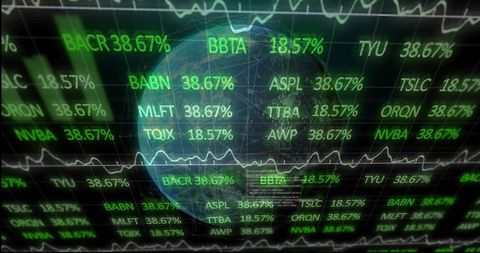 Holographic global finance dashboard showing tickers and percentages over mesh globe