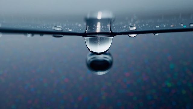 Macro droplet refracting light under glass edge with glossy orb, beads and colorful bokeh