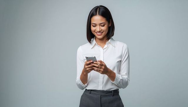 Confident businesswoman using smartphone in modern office style