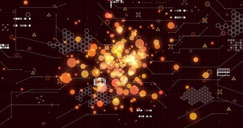 Radiant Data Burst with Glowing Bokeh, Hex Network and Futuristic Circuit Grid