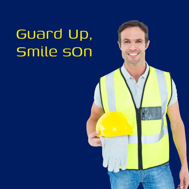 Image featuring a caucasian construction worker smiling and holding a yellow safety helmet and protective gloves. The worker is wearing a high visibility vest. This image is ideal for promoting workplace safety, construction services, safety training programs, and promotional materials related to construction and safety equipment.