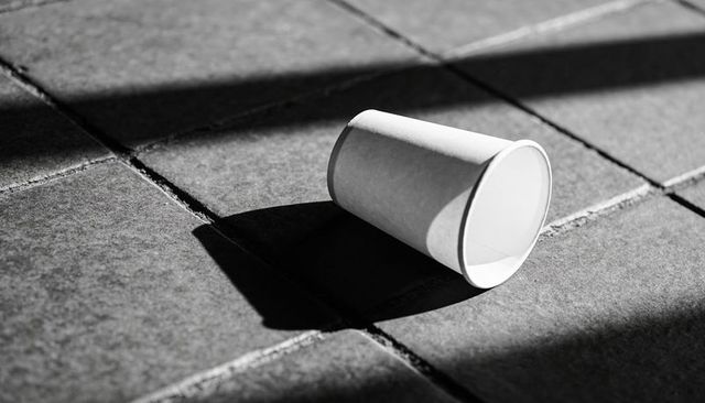 Discarded paper cup casting long shadow across tiled pavement grid monochrome minimal