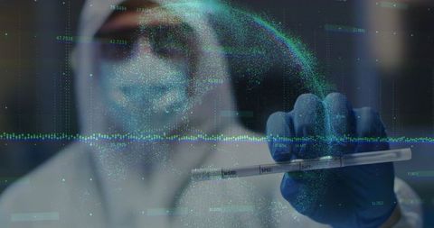 Scientist holding specimen tube with holographic data visuals