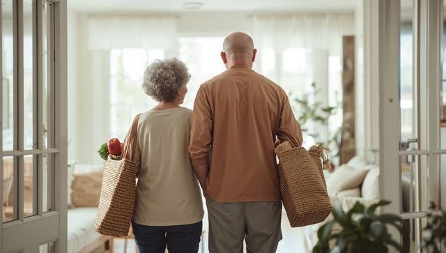 Senior couple carrying woven market totes with groceries into bright cozy living room home lifestyle