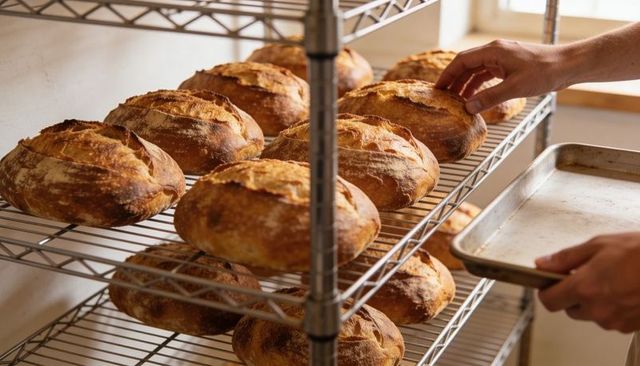 Baker reaching for crusty sourdough loaves on cooling rack with metal tray rustic bakery