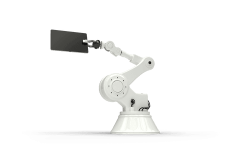 Transparent robotic arm holding tablet isolated