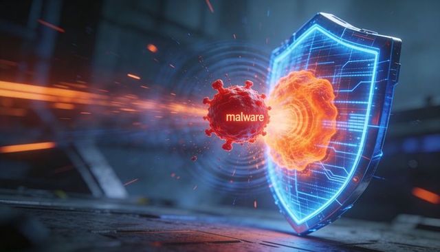 Holographic shield blocking malware orb in server lab with neon explosion and circuit grid