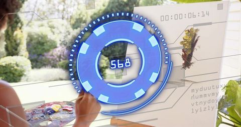 Painting floral canvas by sunlit window with futuristic blue ui overlay, holding brush