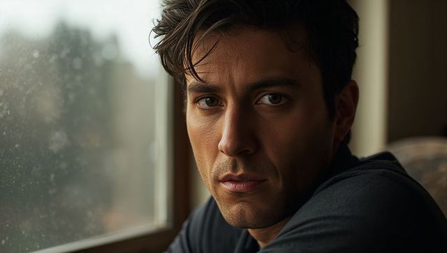 Brooding young man sitting and gazing through rain-speckled window, contemplative closeup