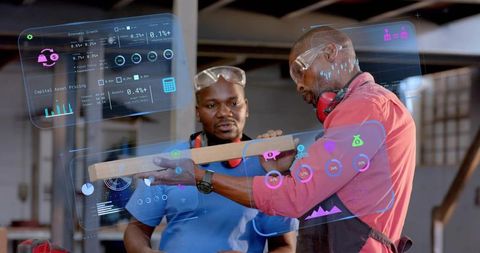 Tradesmen Inspecting Wooden Plank Using Augmented Reality Overlays in Workshop