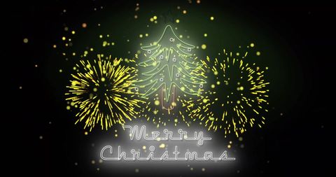 Bright Christmas Celebration with Fireworks and Neon Tree