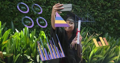 Smiling graduate taking selfie while holding diploma with ar data overlays among greenery