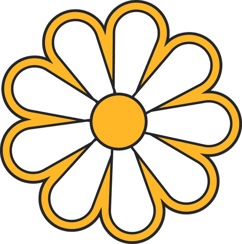 Flat daisy motif with white petals on transparent background