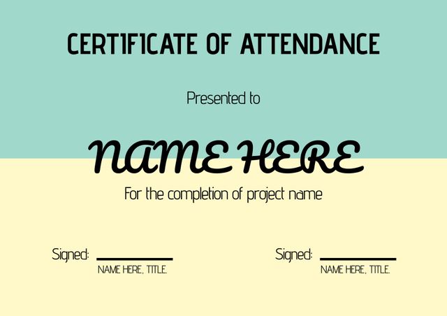 This classic certificate of attendance template honors educational and professional commitment. The design includes placeholders for the recipient's name, project name, and signatures of the involved authorities. It is ideal for educational institutions, corporate training programs, and workshops seeking to recognize participants' dedication. Easy to customize and print for various ceremonies and acknowledgment events.