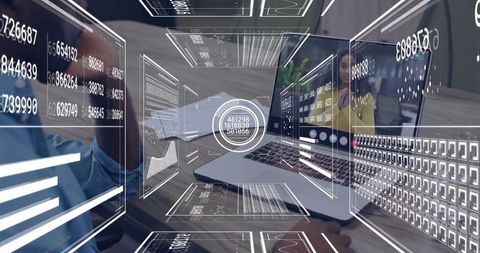 Man using laptop with innovative digital interface overlays