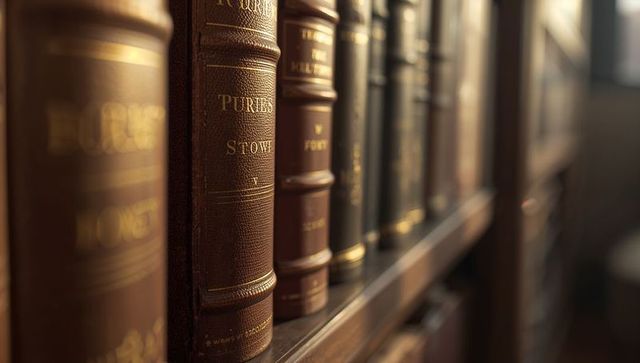 Antique leather book spines catching warm light on wooden shelf with gilt bands, vintage library