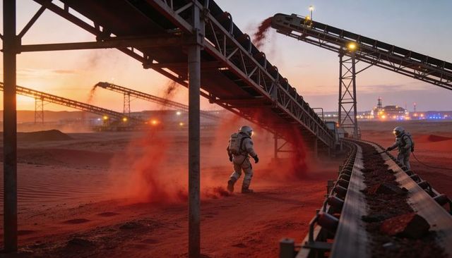 Worker in protective suit walking through red dust at ore conveyor plant during sunset