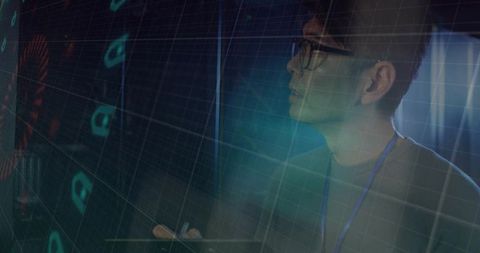 Mature korean technician studying holographic data dashboard, tablet stylus, grid overlay