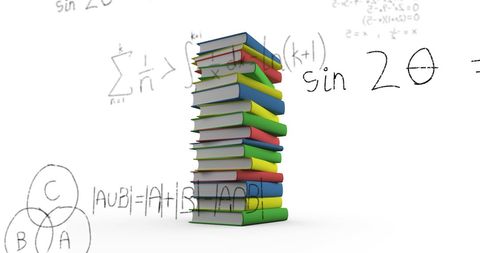 Stack of Colorful Books with Floating Mathematical Equations