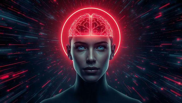 Futuristic AI Cyborg with Radiant Neon Brain and Digital Background