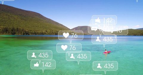 Kayaker Navigating Mountain Lake Surrounded by Social Media Icons