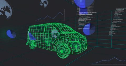 Futuristic wireframe van in abstract data environment