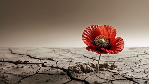 Solitary red poppy flourishing in arid cracked earth - symbol of endurance and first world war remem