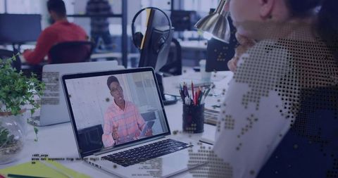 Open Office Remote Video Meeting with Presenter on Laptop, Coworking Collaboration