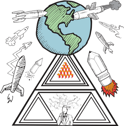 Transparent illustration of globe with rockets and triangles on transparent background