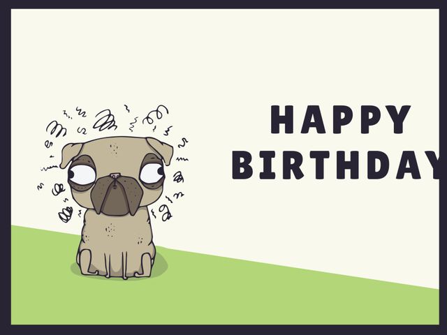 Cute cartoon pug celebrating a happy birthday, showing emotions of joy and humor. Ideal for birthday cards, invitations, and festive greetings. Perfect for pug lovers and anyone looking to add a touch of whimsy to birthday celebrations.