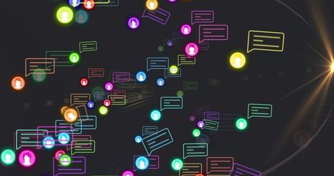 Futuristic digital network with vibrant chat bubbles and icons