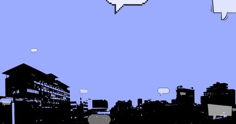 Silhouette of city with blank speech bubbles, social media concept