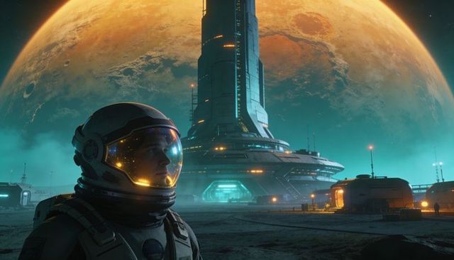 Astronaut Standing at Futuristic Space Outpost Beneath Giant Orange Planet
