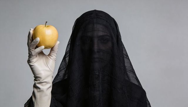 Veiled woman holding yellow apple wearing cream glove minimalist portrait concept mystery