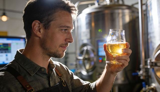 Craft brewer inspecting golden ale in tulip glass beside stainless steel fermenter