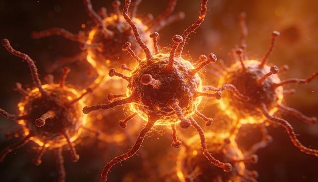 Glowing spherical virions showing spike proteins and envelope in high-detail 3d render