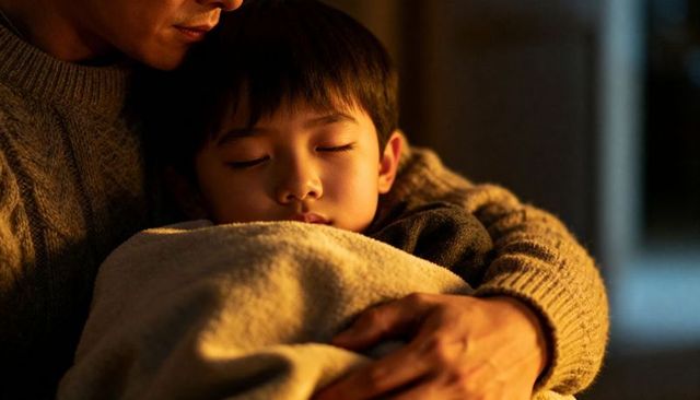 Father cradling sleeping child in warm amber light with cozy blanket and knit sweaters