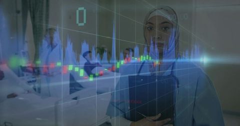 Healthcare Professional Monitoring Patients with Financial Data Overlay