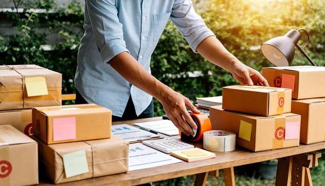 Small Business Owner Sealing Cardboard Boxes Outdoors with Tape for E-commerce Fulfillment