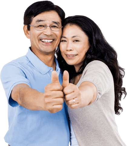 Smiling Elderly Asian Couple Giving Thumbs Up on Transparent Background