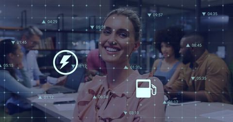 Businesswoman stands confidently in futuristic office with digital overlay