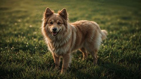 Fluffy golden barking dog stands in lush dewy grassland
