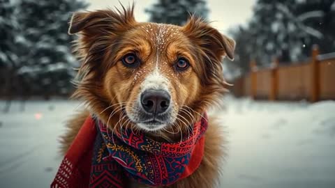 Dog in Red Scarf Standing in Snowy Winter Backyard