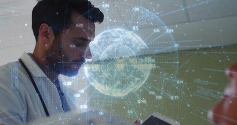 Doctor Using Tablet with Holographic Globe in Medical Innovation