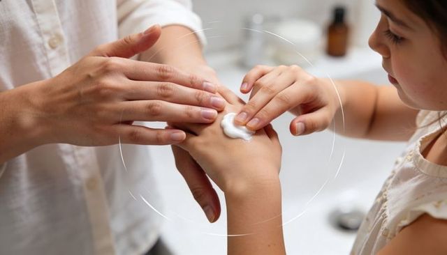 Caregiver applying moisturizing cream to child hand, gentle bonding and family skincare
