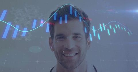 Doctor smiling with financial graph stock visualization overlay