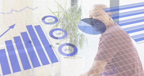 Smiling man with translucent analytics overlay showing blue bar chart, ring metrics and pie